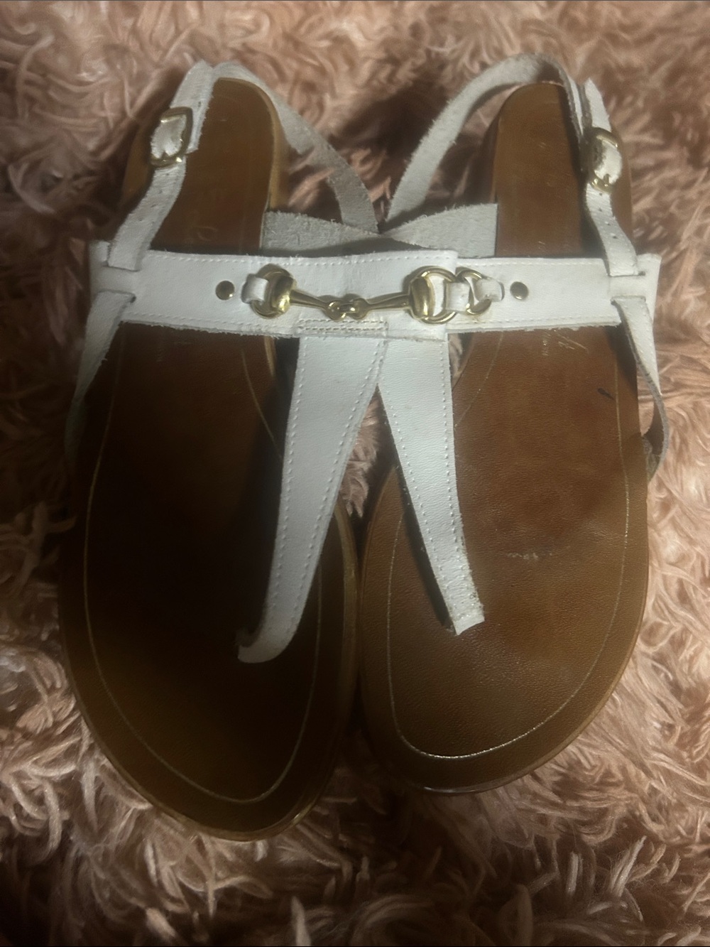 White T-Strap Sandals with Gold Bit Accent